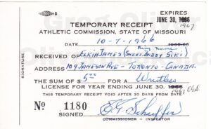 Missouri wrestling license, 1966, $15