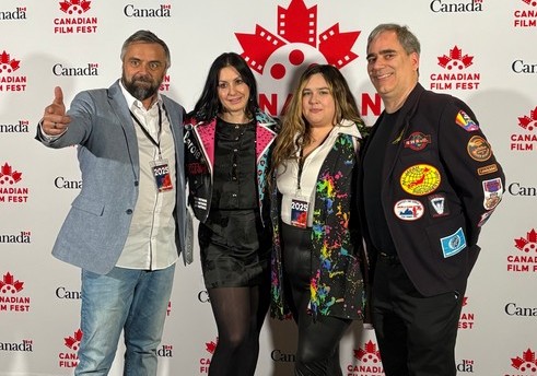 Pasha Patriki of PurpleDOG Post, director Kate Kroll, Crystal Reeves of PurpleDOG and Greg Oliver at the premiere of Lunatic on Saturday, March 29, 2025, as the closing film at the Canadian Film Fest in Toronto, at the Scotiabank Theatre Toronto.